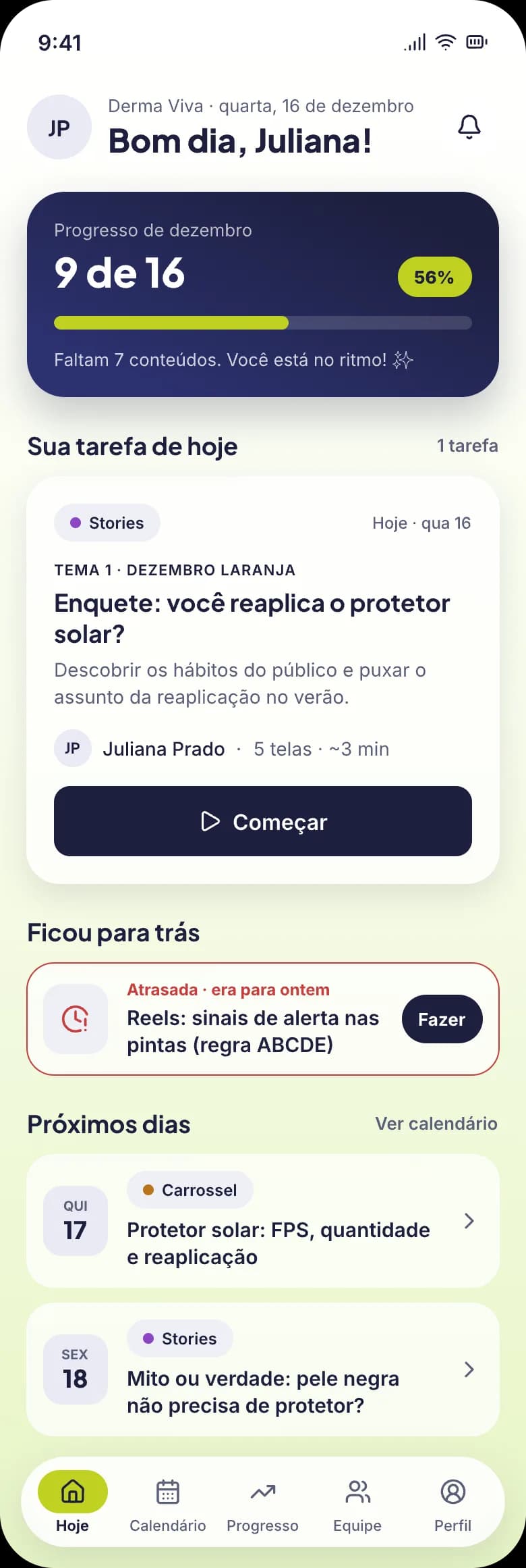 Tela Hoje do Usamed com a tarefa do dia